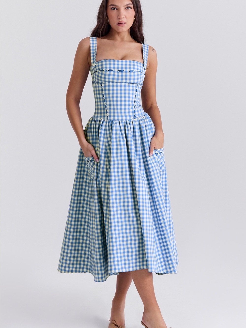 HOUSE OF CB Vivien gingham stretch-woven midi dress REGATTA BLUE PLAID TARTAN